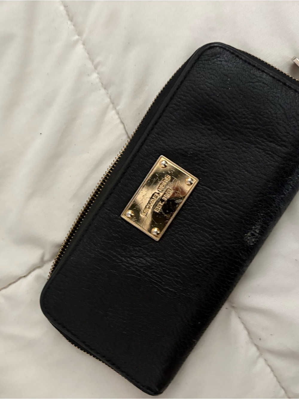 Michael Kors Black Leather Zip Around Wallet with Gold Plate Accent